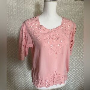 Vintage Bali Emerald pink floral eyelet two piece skirt & blouse set